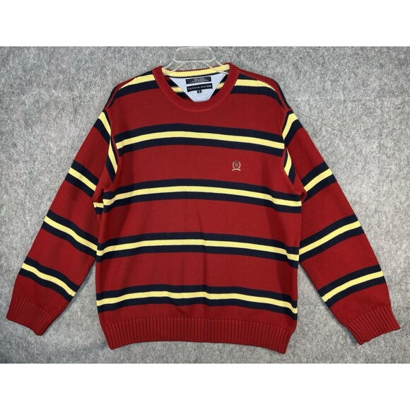 Tommy Hilfiger Men's XXL Red Sweater 100% Cotton Classic Casual Striped Heavy - Picture 1 of 7